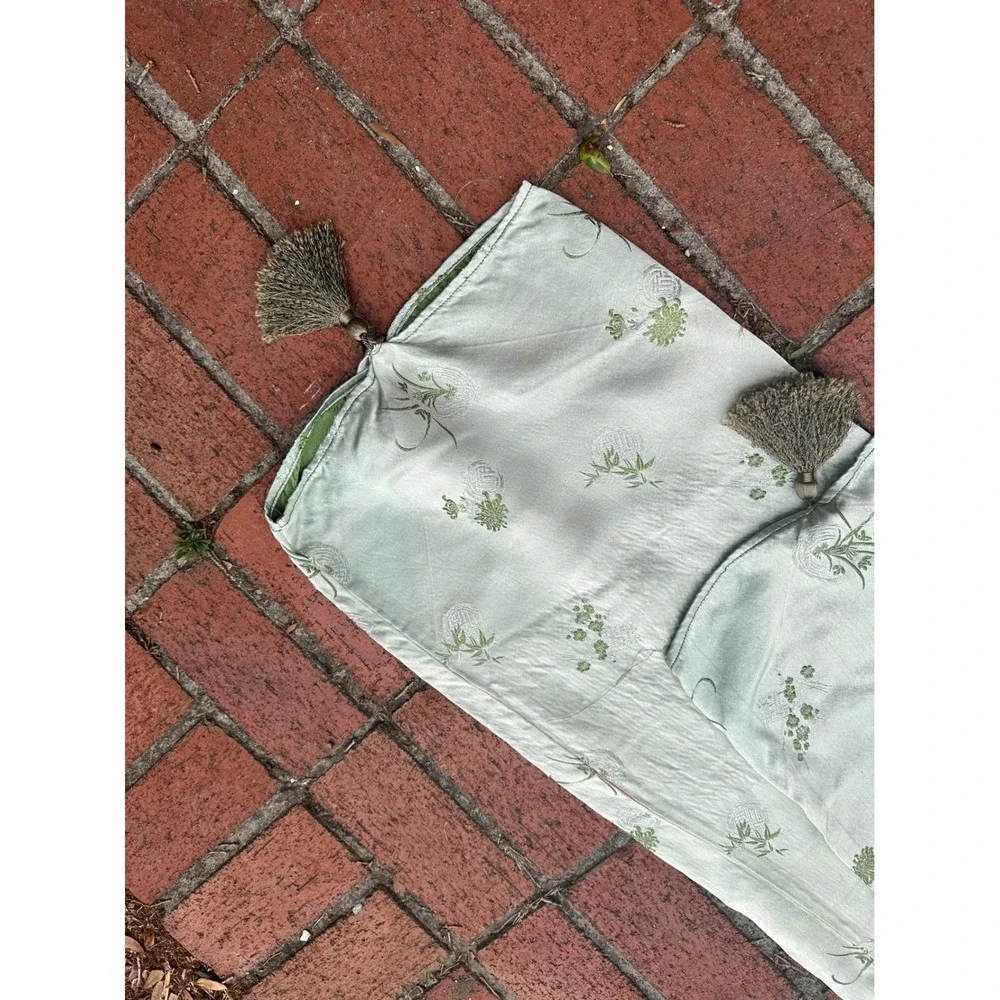 Vintage Chinese Silk Brocade Table Runner Sage Green Floral Bamboo Tassels 29x14